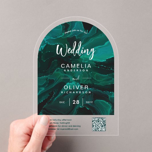 アクリル結婚エメラルドグリーンQRコードRSVPウェブサイト アクリル招待状 (インサイチュ (ポータブル))
