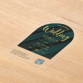 アクリル結婚グリーン金ゴールドQRコードRSVPウェブサイト アクリル招待状 (レイダウン)