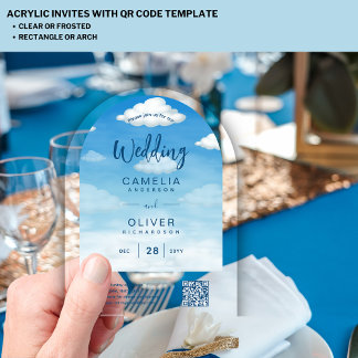 アクリル結婚ズクラウドスカイブルーQRコードRSVP アクリル招待状