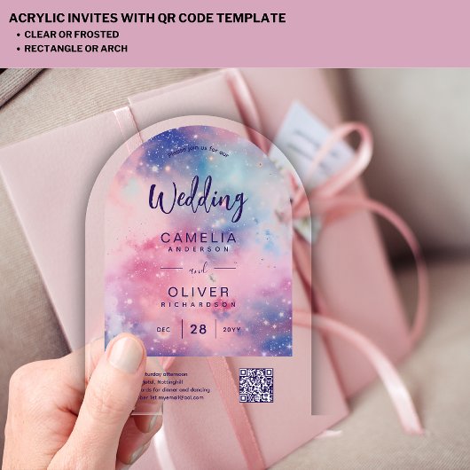 アクリル結婚ズスターリーナイトピンクブルーQRCode RSVP アクリル招待状