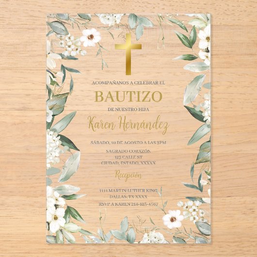 アクリル緑の白花バプテスマスペインのス アクリル招待状 (正面)