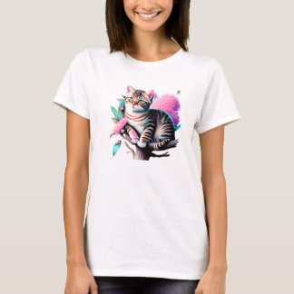 アクリル花猫かわいいTシャツ Tシャツ
