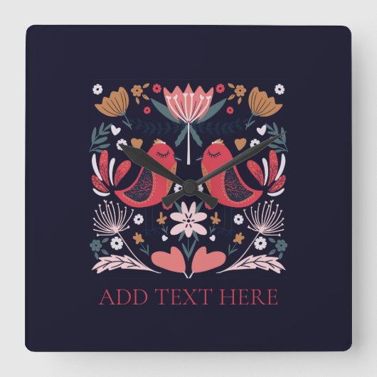 アクリル製壁時計：赤いボホ鳥 スクエア壁時計 (正面)