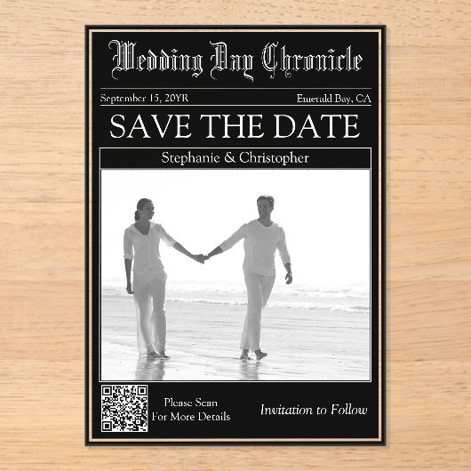 アクリル製新聞風ウェディングQRコードSave the Date アクリル招待状 (正面)