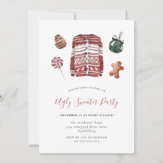 アグリーセータークリスマスパーティーウォーターカラーフランネル  招待状 (正面)