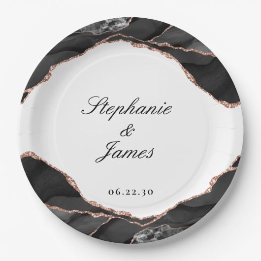 アゲエレガントート白黒バラゴールドフォイル結婚ズ ペーパープレート (正面)