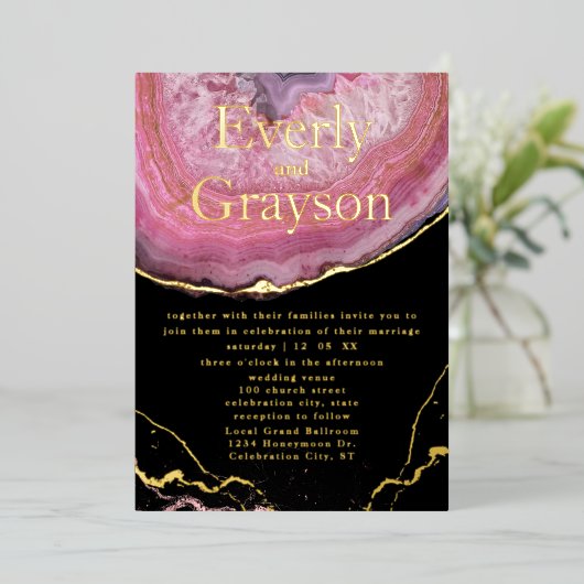 アゲエレガントート赤面ピンク&金ゴールド結婚ズ 箔招待状 (立ち正面)