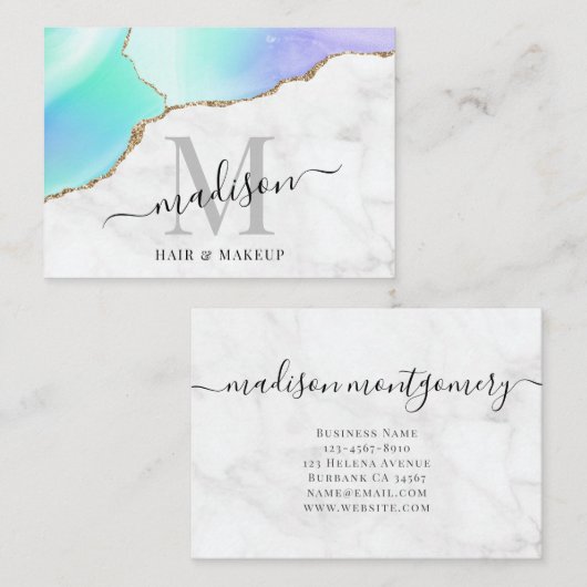 アゲガーリーート金ゴールドグリッター大理石モノグラムメイクアップ 名刺 (正面/裏面)