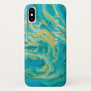 アゲテエレガントグリーンブルー&金ゴールド大理石あなたの名前 iPhone X ケース