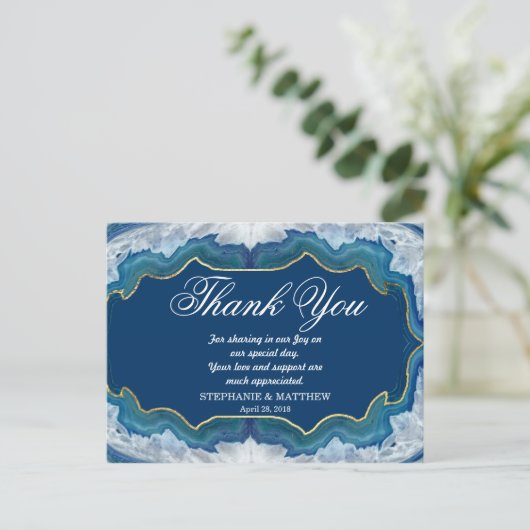 アゲテエレガントブルーかわいらしティール（緑がかった色）エッジパターン ポストカード (スタンド正面)