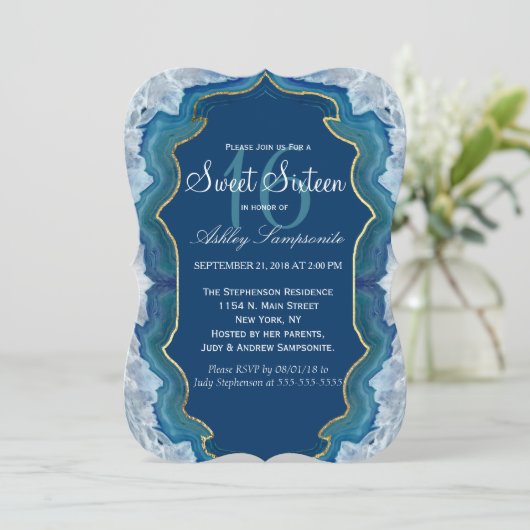 アゲテエレガントブルーかわいらしティール（緑がかった色）エッジパターン 招待状 (スタンド正面)