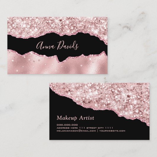アゲテエレガントメイクアップアーティストバラ金ゴールドピンクグリッター 名刺 (正面/裏面)
