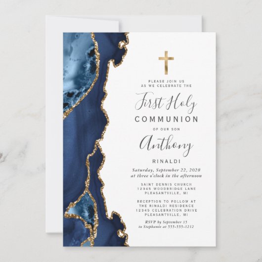 アゲテジオードブルー金ゴールドグリッターファーストホーリーコミュニオン 招待状 (正面)