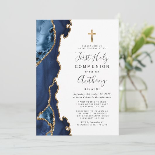 アゲテジオードブルー金ゴールドグリッターファーストホーリーコミュニオン 招待状 (スタンド正面)