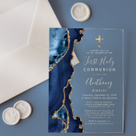 アゲテジオードブルー金ゴールド文字ファーストホーリーコミュニオン アクリル招待状