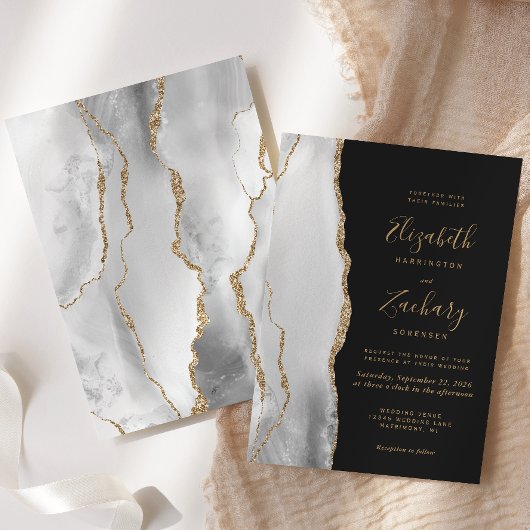 アゲテモダンググレーホワイト金ゴールドダーク結婚ズ 招待状