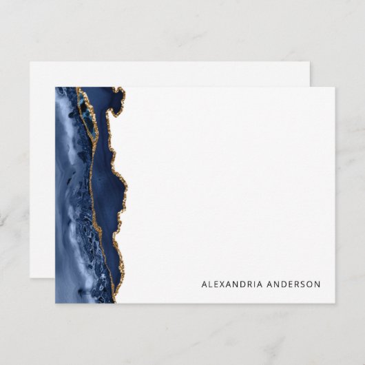 アゲテモダンネイビーブルー金ゴールドグリッターマーブルゲード ノートカード (正面/裏面)