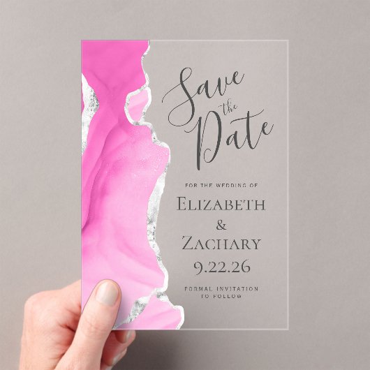 アゲテモダンピンクシルバーウェディング日付を保存 アクリル招待状 (インサイチュ (ポータブル))