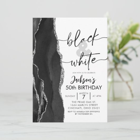 アゲートエレガント白黒誕生日パーティー 招待状 (スタンド正面)