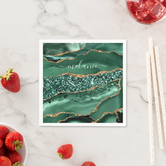 アゲートグリーンゴールドグリッターカスタムネームナプキン スタンダードカクテルナプキン (インサイチュ)