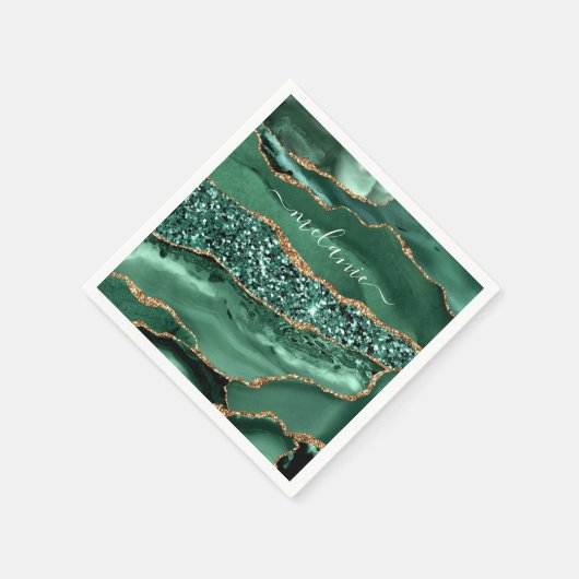 アゲートグリーンゴールドグリッターカスタムネームナプキン スタンダードカクテルナプキン (角)
