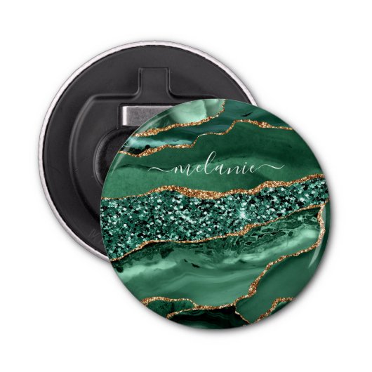 アゲートグリーン金ゴールドエメラルド名前をカスタムするボトルオープナー 栓抜き (正面)