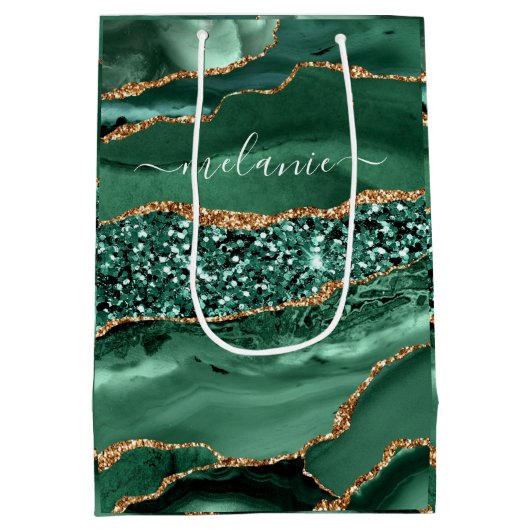 アゲートグリーン金ゴールドエメラルド名前をカスタムする抱き枕 ミディアムペーパーバッグ (裏面)
