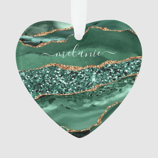 アゲートグリーン金ゴールドグリッターゲードマーブル名前をカスタムする オーナメント (正面)