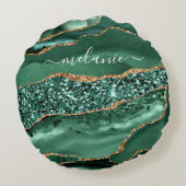 アゲートグリーン金ゴールドグリッターゲードマーブル名前をカスタムする ラウンドクッション (裏面)