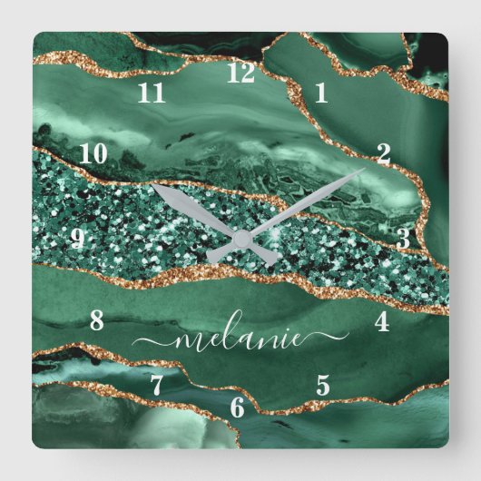 アゲートグリーン金ゴールドグリッタージードマーブル名前をカスタムする スクエア壁時計 (正面)