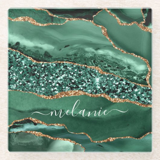 アゲートグリーン金ゴールドグリッターマーブルゲードネームコースター ガラスコースター (正面)