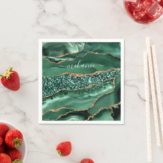 アゲートグリーン ゴールド グリッター マーブル あなたの名前 ナプキン スタンダードカクテルナプキン (インサイチュ)