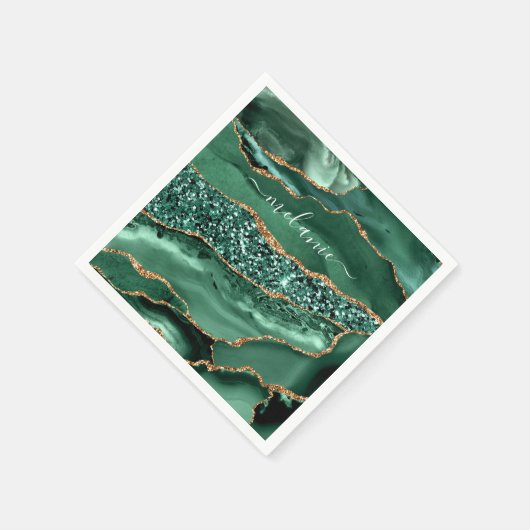 アゲートグリーン ゴールド グリッター マーブル あなたの名前 ナプキン スタンダードカクテルナプキン (角)