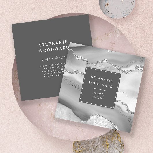 アゲートグレイグホワイトシルバーフェイクグリッター スクエア名刺