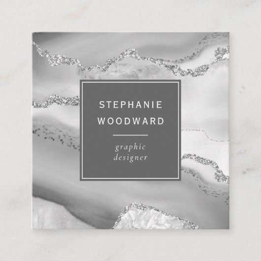 アゲートグレイグホワイトシルバーフェイクグリッター スクエア名刺 (正面)