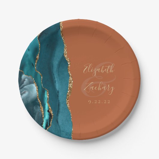 アゲートゲードティール(緑がかった色)金ゴールドバーンドオレンジ結婚ズ ペーパープレート (正面)