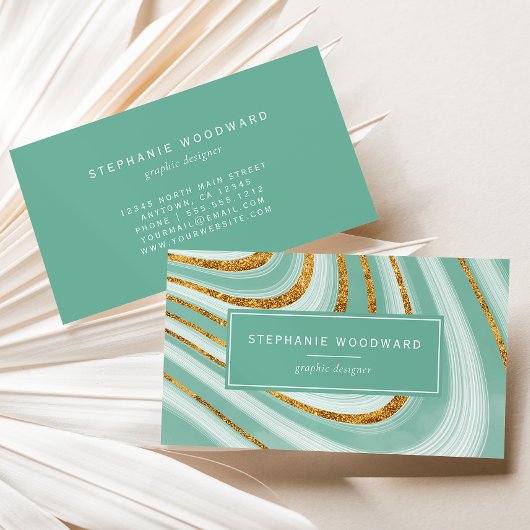 アゲートジェードミントグリーンフェイク金ゴールドグリッター抽象芸術 名刺
