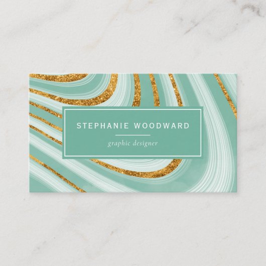 アゲートジェードミントグリーンフェイク金ゴールドグリッター抽象芸術 名刺 (正面)