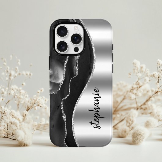 アゲートジオード メタリックシルバー ブラック 名前入り Case-Mate iPhoneケース