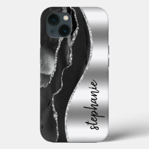 アゲートジオード メタリックシルバー ブラック 名前入り iPhone 13ケース