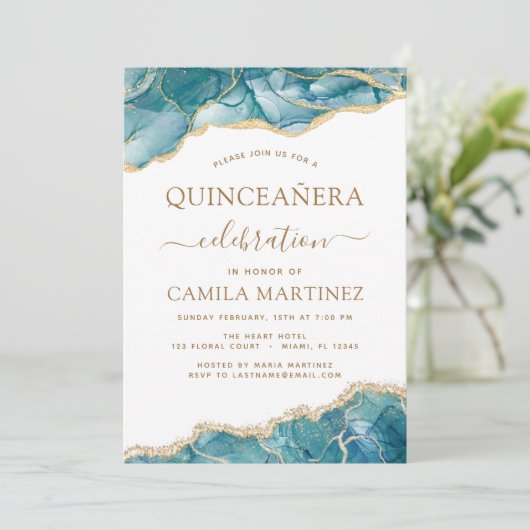 アゲートターコイズキンセアニラティール(緑がかった色)金ゴールドブルーインビタット 招待状 (スタンド正面)