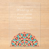 アゲートターコイズティール（緑がかった色）&ワインフローラマンダラ結婚ズ アクリル招待状 (正面)