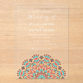 アゲートターコイズティール（緑がかった色）&ワインフローラマンダラ結婚ズ アクリル招待状 (正面)