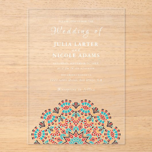 アゲートターコイズティール（緑がかった色）&ワインフローラマンダラ結婚ズ アクリル招待状 (正面)