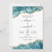 アゲートターコイズティール（緑がかった色）結婚金ゴールド 招待状 (正面)