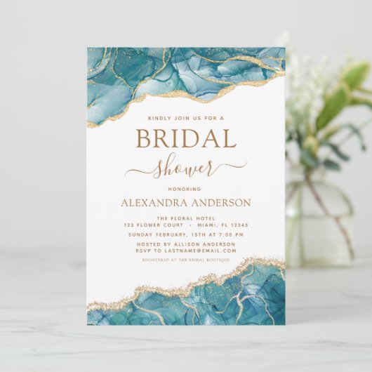 アゲートターコイズブライダルシャワーティール(緑がかった色)金ゴールドブルーインクト 招待状 (スタンド正面)