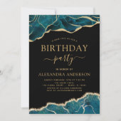 アゲートターコイズ誕生日パーティーティール（緑がかった色）金ゴールドブルーインビ 招待状 (正面)
