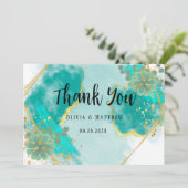 アゲートティール(緑がかった色)および金ゴールド結婚フローラのサンキューカード 招待状 (スタンド正面)