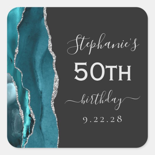 アゲートティール（緑がかった色）ブルーシルバーダーク50誕生日 スクエアシール (正面)