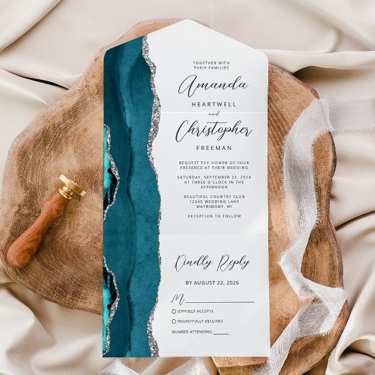 アゲートティール(緑がかった色)ブルーシルバー結婚ズ オールインワン招待状